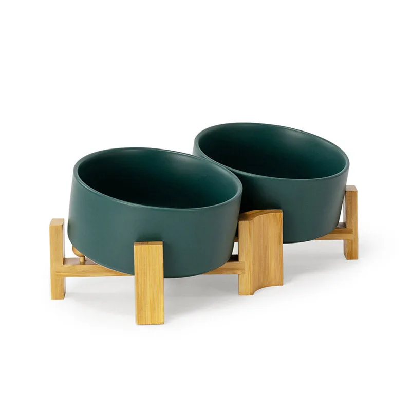 15° Slanted Ceramic Bowl Set with Wooden Stand | Tilted Food & Water Bowl