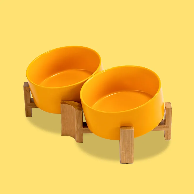 15° Slanted Ceramic Bowl Set with Wooden Stand | Tilted Food & Water Bowl