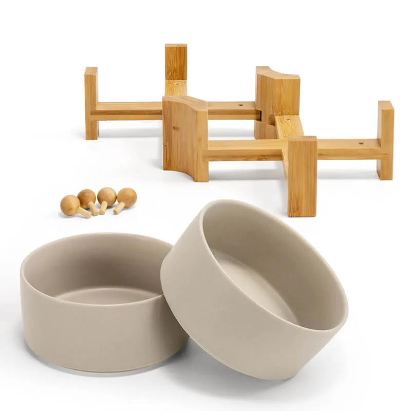 15° Slanted Ceramic Bowl Set with Wooden Stand | Tilted Food & Water Bowl