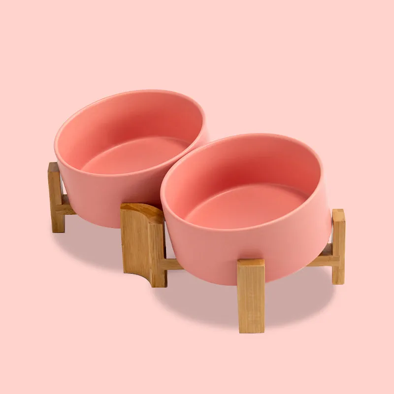 15° Slanted Ceramic Bowl Set with Wooden Stand | Tilted Food & Water Bowl