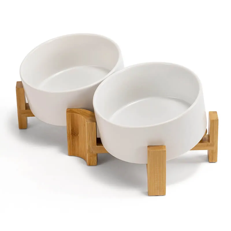 15° Slanted Ceramic Bowl Set with Wooden Stand | Tilted Food & Water Bowl