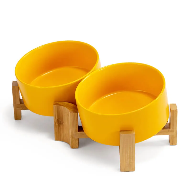 15° Slanted Ceramic Bowl Set with Wooden Stand | Tilted Food & Water Bowl