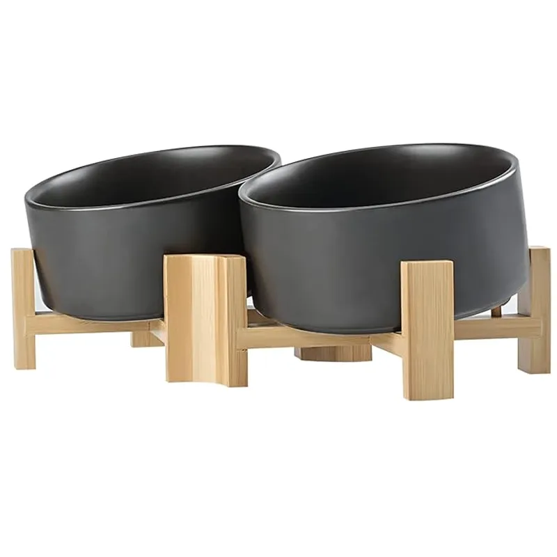 15° Slanted Ceramic Bowl Set with Wooden Stand | Tilted Food & Water Bowl