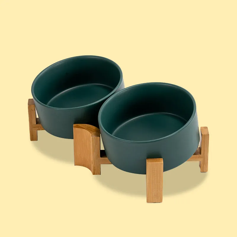 15° Slanted Ceramic Bowl Set with Wooden Stand | Tilted Food & Water Bowl