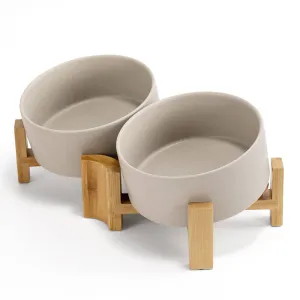 15° Slanted Ceramic Bowl Set with Wooden Stand | Tilted Food & Water Bowl