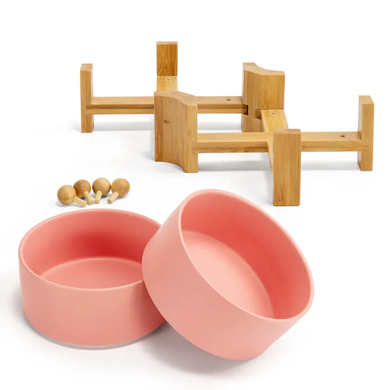 15° Slanted Ceramic Bowl Set with Wooden Stand | Tilted Food & Water Bowl