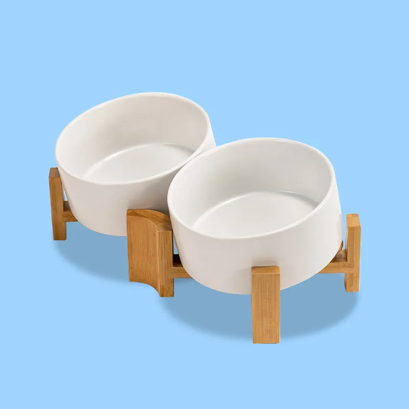 15° Slanted Ceramic Bowl Set with Wooden Stand | Tilted Food & Water Bowl