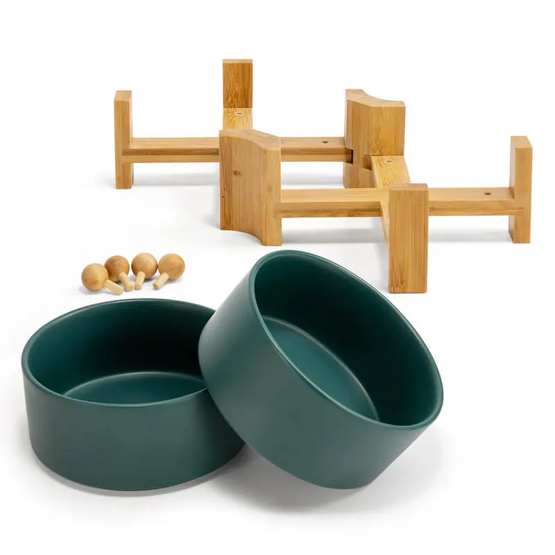 15° Slanted Ceramic Bowl Set with Wooden Stand | Tilted Food & Water Bowl