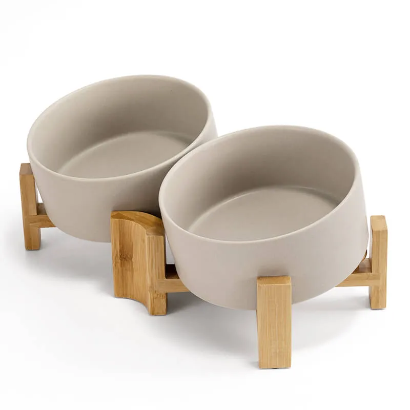 15° Slanted Ceramic Bowl Set with Wooden Stand | Tilted Food & Water Bowl