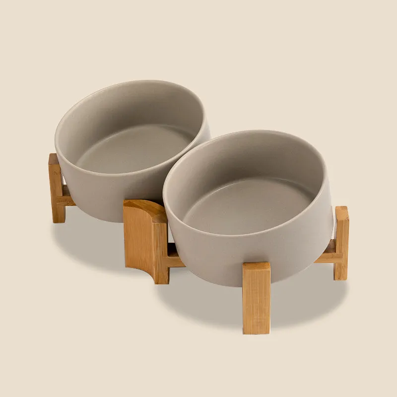 15° Slanted Ceramic Bowl Set with Wooden Stand | Tilted Food & Water Bowl