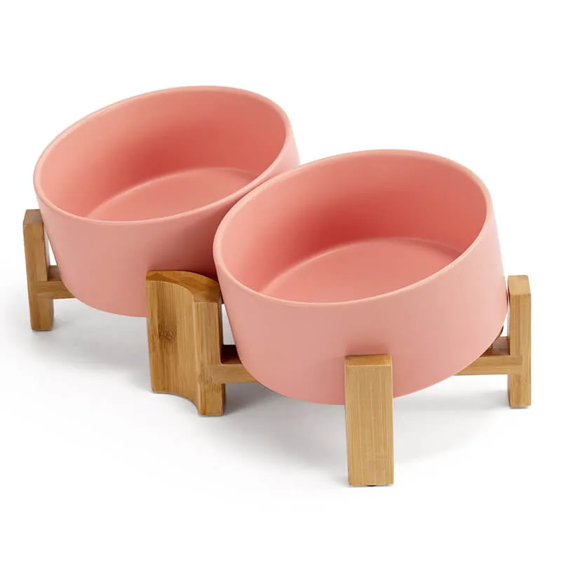 15° Slanted Ceramic Bowl Set with Wooden Stand | Tilted Food & Water Bowl