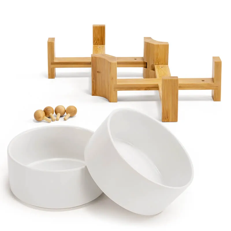15° Slanted Ceramic Bowl Set with Wooden Stand | Tilted Food & Water Bowl