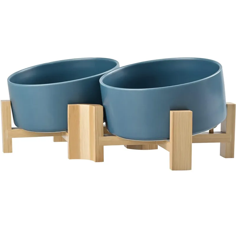15° Slanted Ceramic Bowl Set with Wooden Stand | Tilted Food & Water Bowl