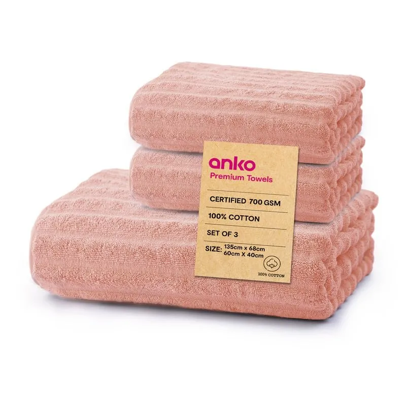 Anko Australia 100% Cotton 700 GSM Ribbed Towel Set | 1 Bath Towel, 2 Hand Towels | Super-Soft, Absorbent, Quick-Drying | Pink Cotton Towels for Bath, Travel & Gym | 135x68cm & 60x40cm