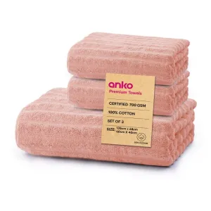 Anko Australia 100% Cotton 700 GSM Ribbed Towel Set | 1 Bath Towel, 2 Hand Towels | Super-Soft, Absorbent, Quick-Drying | Pink Cotton Towels for Bath, Travel & Gym | 135x68cm & 60x40cm