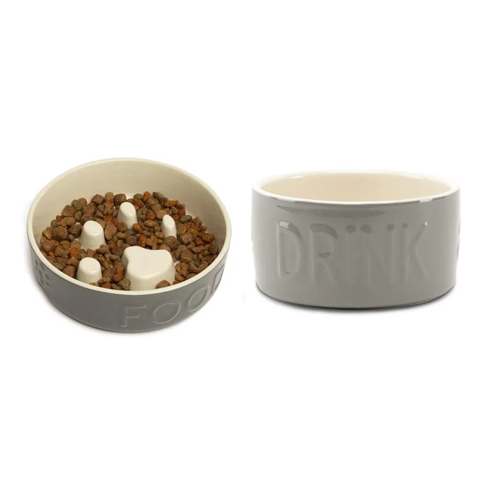 Classic 2 Piece Dog Slow Feeder & Water Bowl Set - 16cm | 15cm - Grey