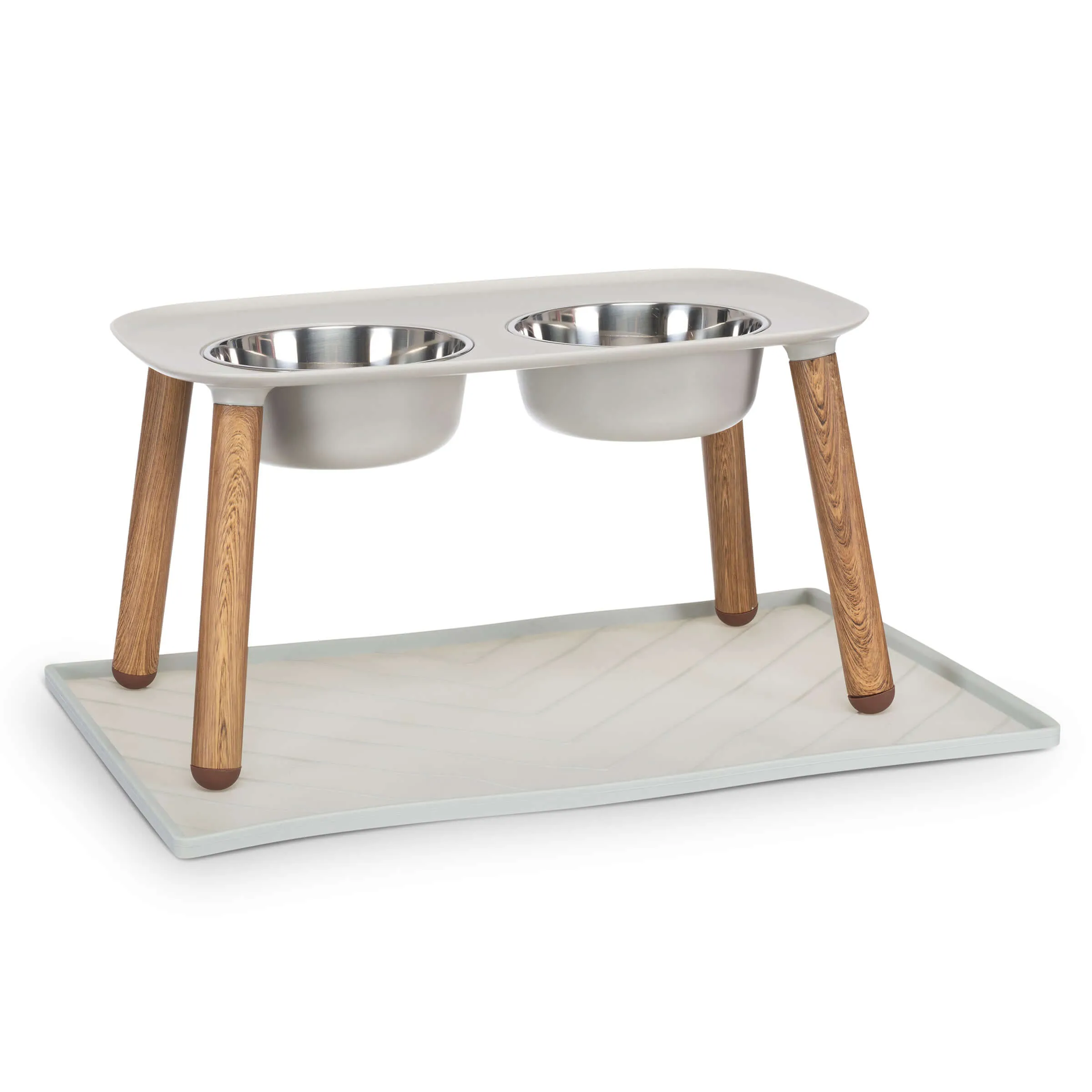 Elevated Double Dog Feeder with Stainless Bowls, Adjustable Height 3" to 10", Faux Wood Legs