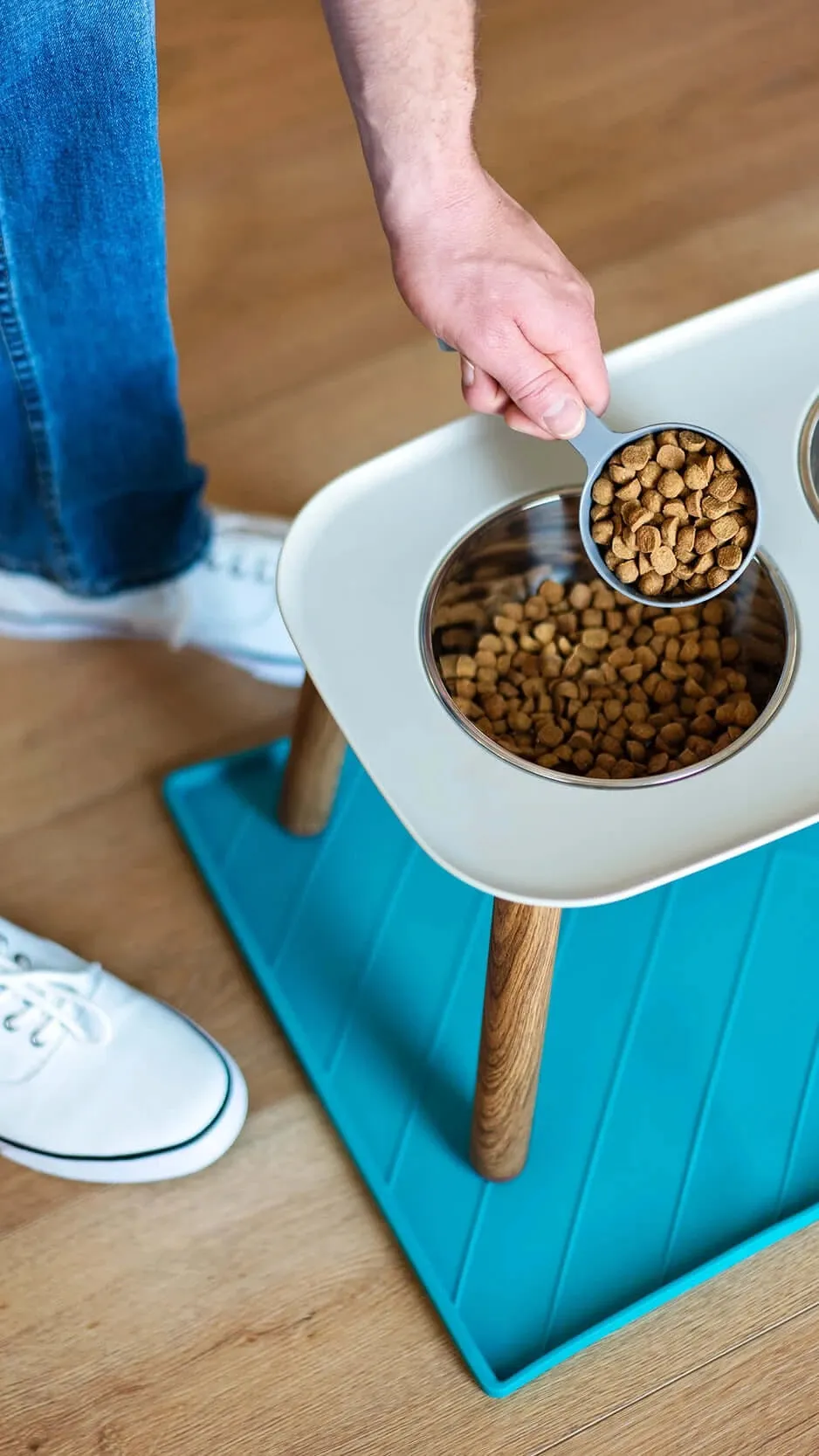 Elevated Double Dog Feeder with Stainless Bowls, Adjustable Height 3" to 10", Faux Wood Legs