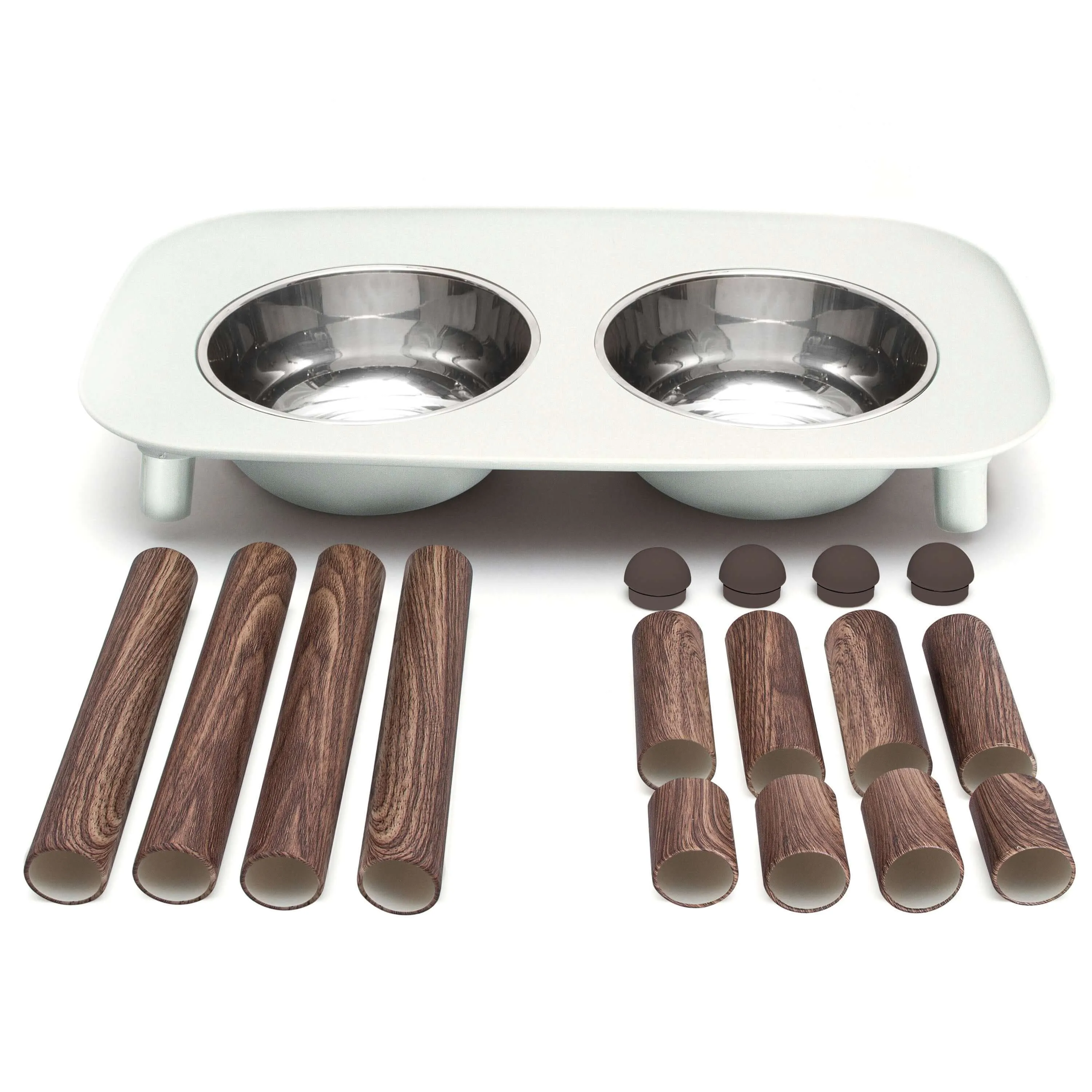 Elevated Double Dog Feeder with Stainless Bowls, Adjustable Height 3" to 10", Faux Wood Legs
