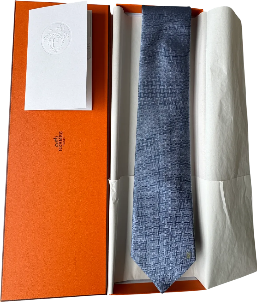 Hermès Blue 'H' Logo 100% Silk Neck Tie 659343T