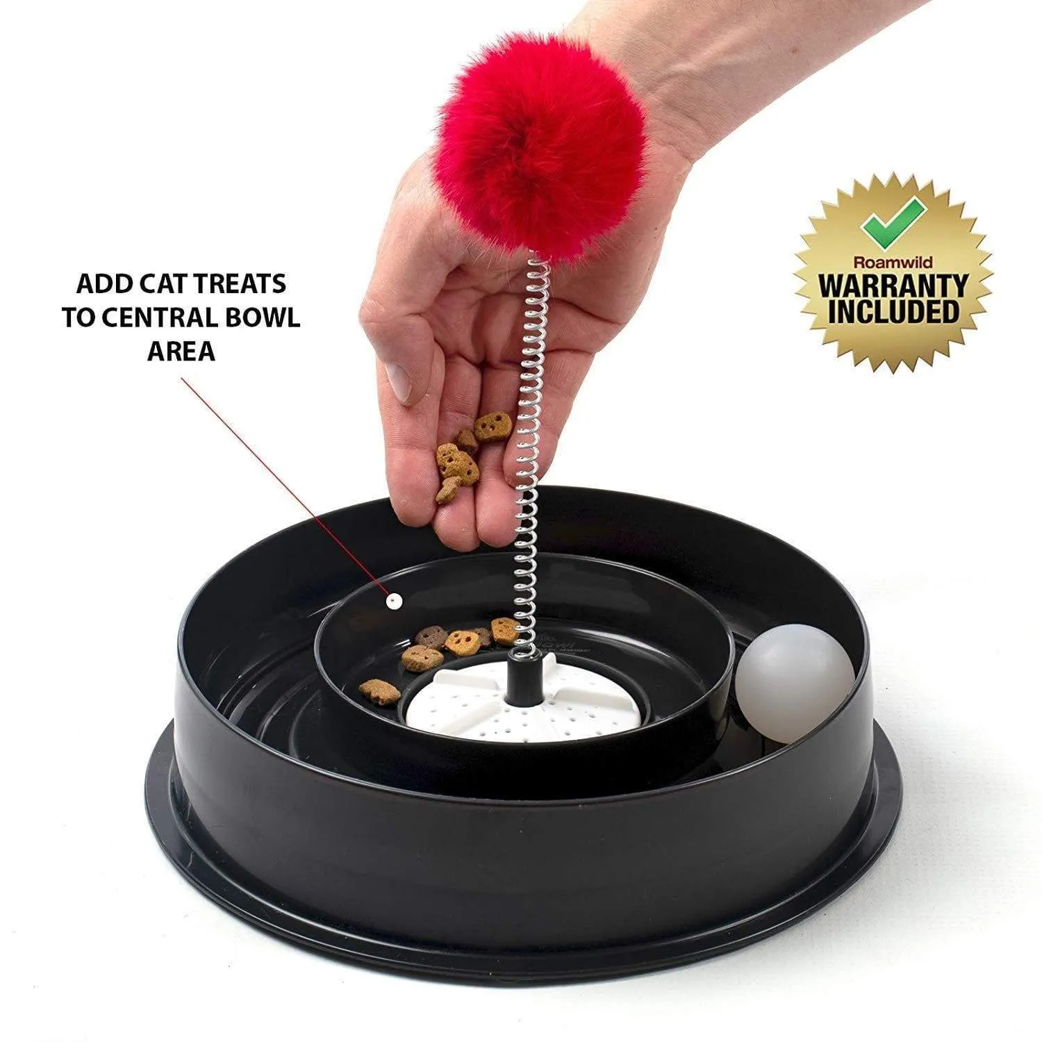 Roamwild 4 IN 1 Play Bowl Quiet Cat Toy – Cats Interactive Play Stimulating Ball Track Toy With Spring Pom-Pom