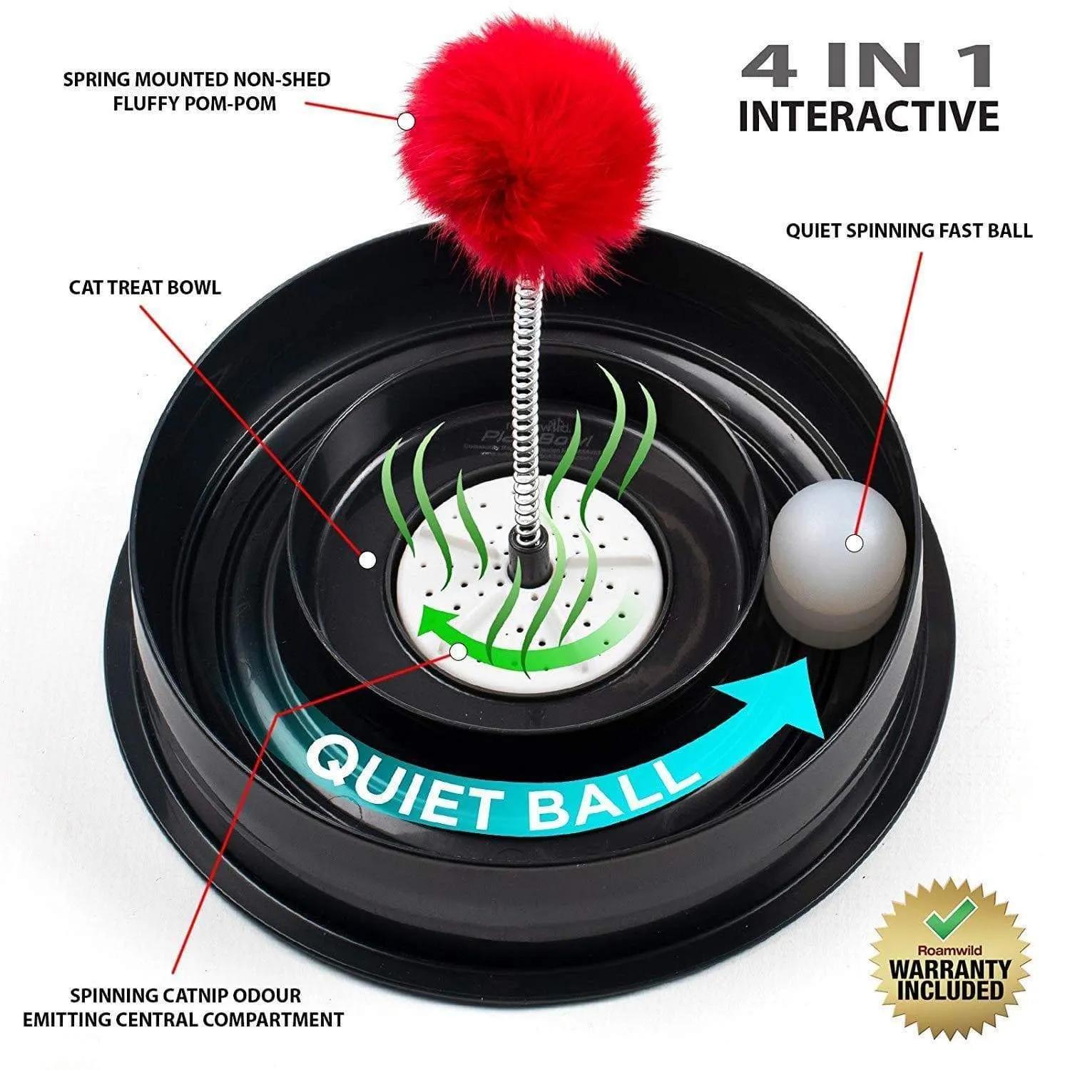 Roamwild 4 IN 1 Play Bowl Quiet Cat Toy – Cats Interactive Play Stimulating Ball Track Toy With Spring Pom-Pom