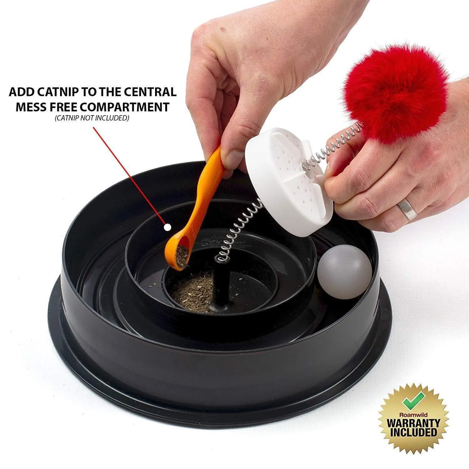 Roamwild 4 IN 1 Play Bowl Quiet Cat Toy – Cats Interactive Play Stimulating Ball Track Toy With Spring Pom-Pom