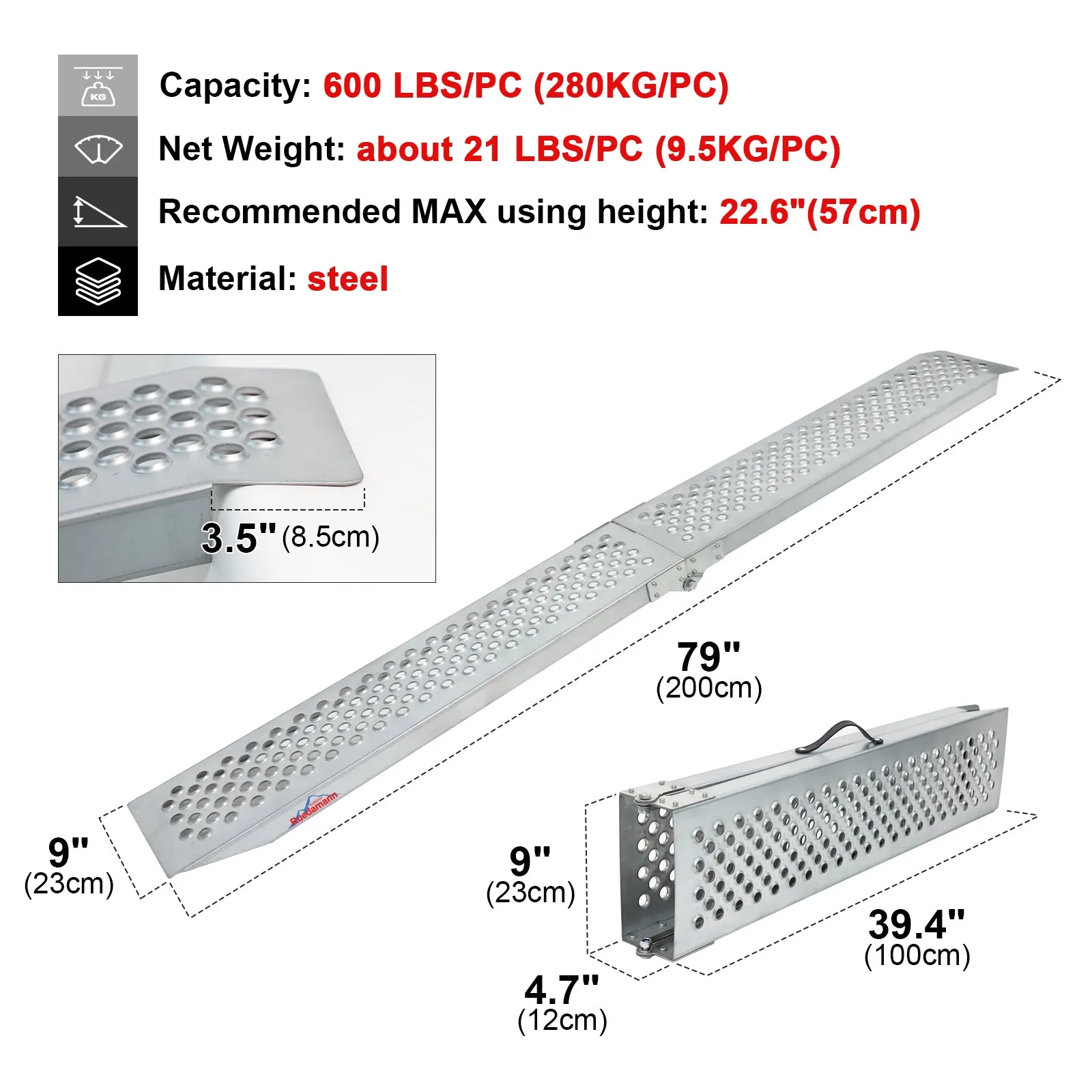 Ruedamann® 78.7" L x 9" W Portable Loading Ramp with Punching 1PC