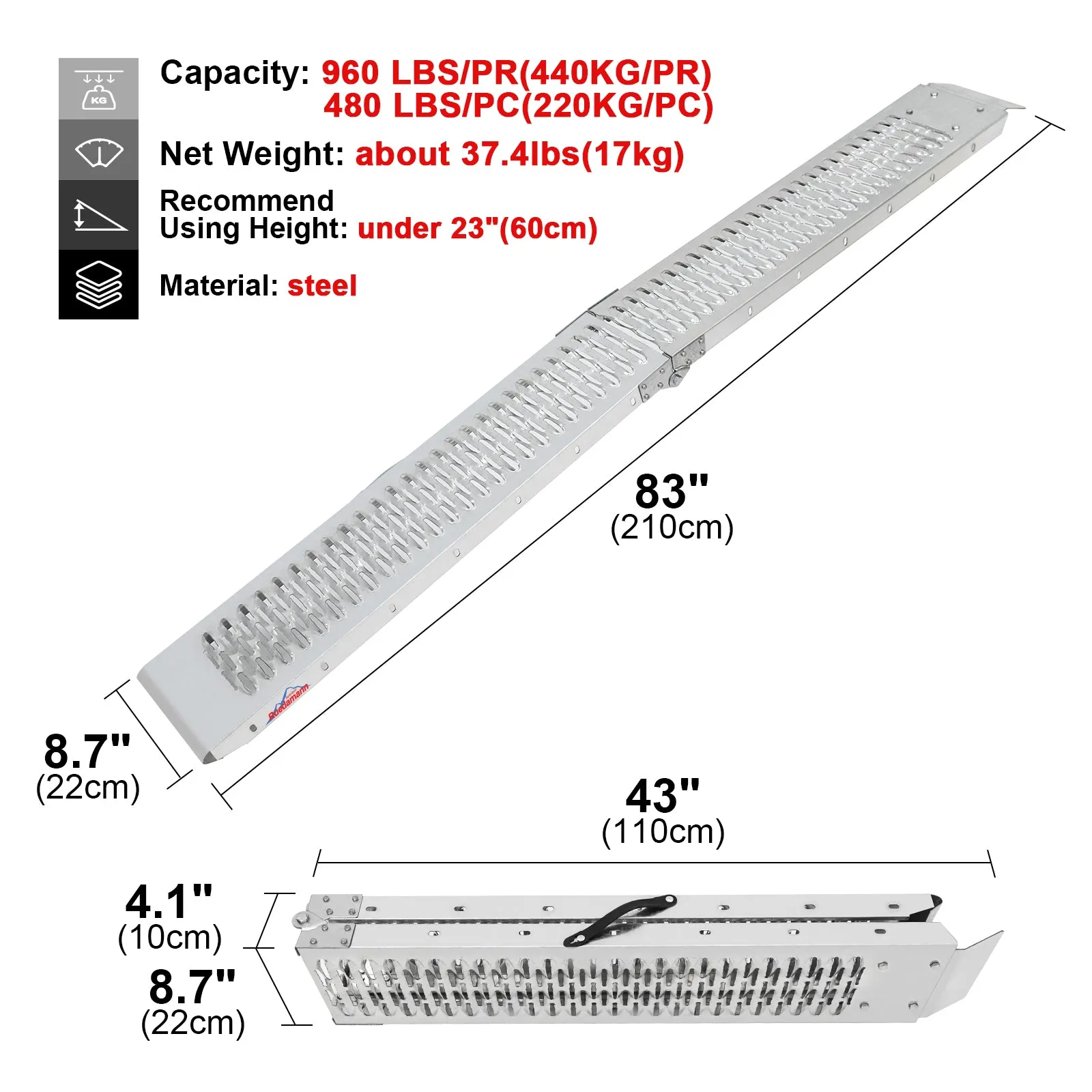 Ruedamann® 83'' x 8.7'' Heavy Duty Steel Loading Ramps for DIY Install 1 Pair