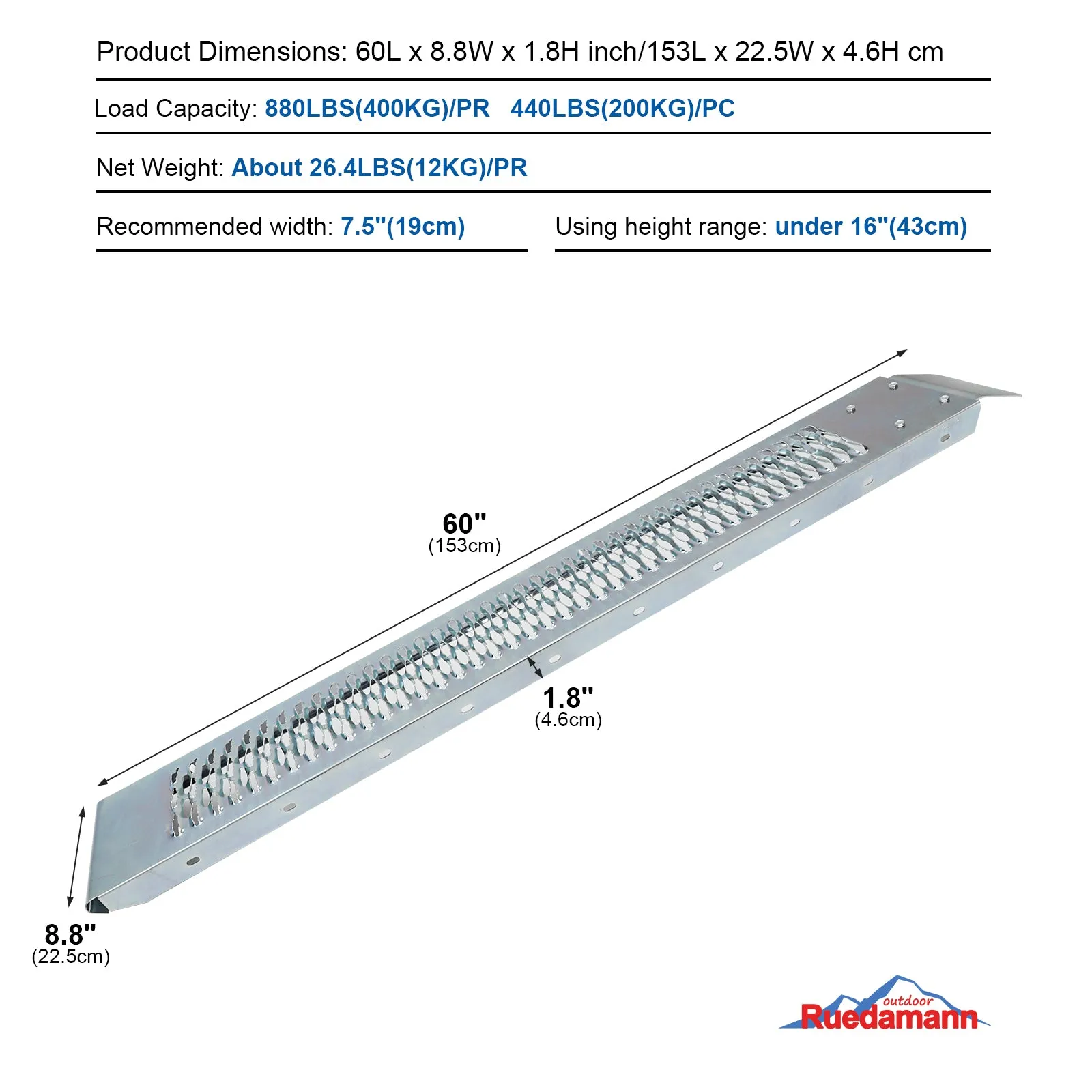 Ruedamann® Steel Loading Ramp with Toothed Surface Heavy Duty  Pack of 2
