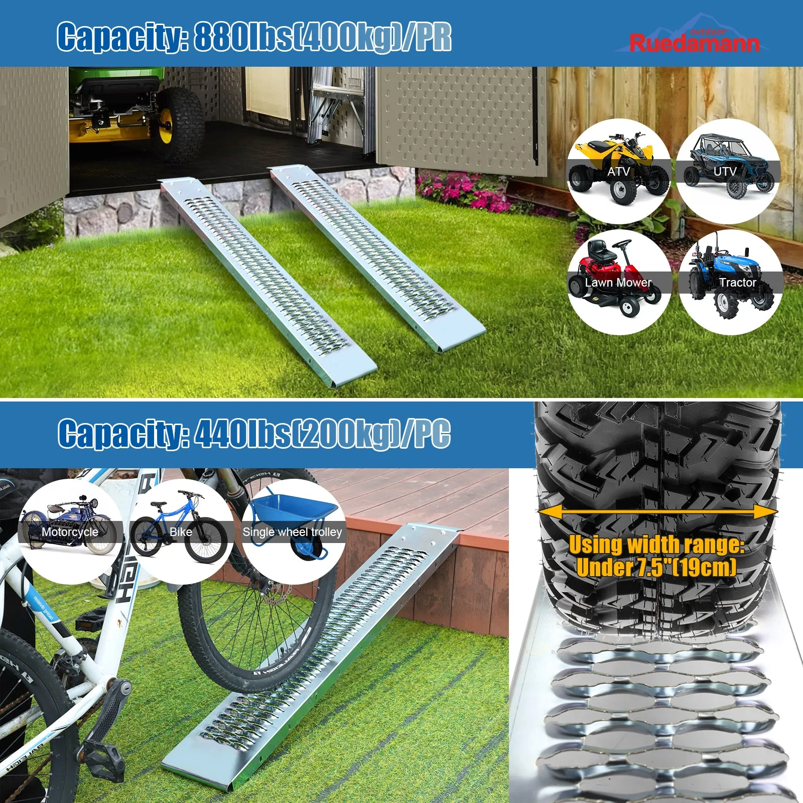 Ruedamann® Steel Loading Ramp with Toothed Surface Heavy Duty  Pack of 2