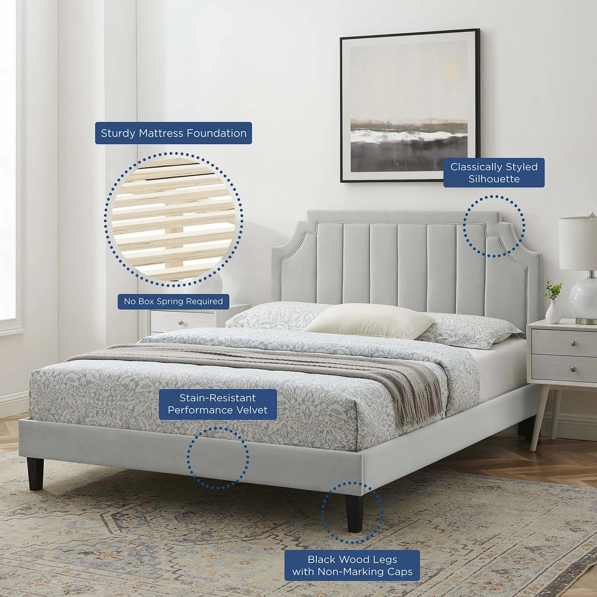 Sienna Performance Velvet Platform Bed With Black Wood Legs by Modway